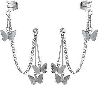 Cuff Chain Earrings for Women,Cuffs Tassel Earrings Butterfly, Ear Cuff Droping Chain Stud Earrings for Girls Gifts