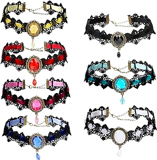 WIOR 7 PCs Gothic Choker Necklaces for Women, Retro Handmade Black Lace Chocker Velvet Clavicle Necklace with Rhinestone, Vintage Vampire Pendant Collar Chain Jewelry for Steampunk Costume Play Party