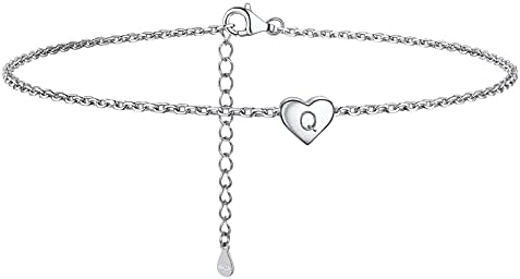 925 Sterling Silver Initial Bangle Bracelet with Lobster Clasp and Heart Shape Link Chain Design for Women and Teen Girls