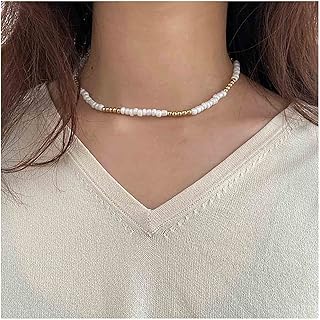Boho White Beaded Choker Necklace Rice Beaded Choker Necklace Vintage Gold Bead Chain Necklace Minimalist Seed Bead Necklace Jewelry for Women and Girls