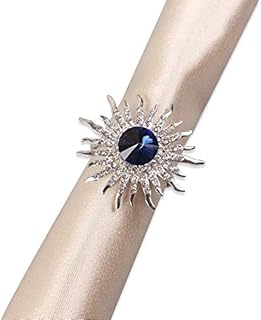 Set of 6 Sunflower Napkin Rings Crystal Napkin Buckles Holder for Wedding, Parties, Dinners, Christmas, Holidays Decor (Silver + Blue)
