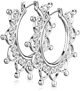 Surgical Steel Post Brass Hoop Earrings with Heart Filigree Design for Women, Hinge with Notched Post Closure, 5.2cm
