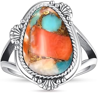 Irregular Teal/Blue/Spiny Turquoise Open Ring for Women 925 Sterling Silver Adjustable Rings Statement Ring with Rope Edge Adjustable Size 6-9 Valentines Day Gift for Girlfriend Wife