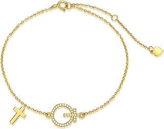 Dainty Women's Moissanite Cross Bracelet Anklet Chain in 14k Yellow Gold, 6.5"-8.5" Chain