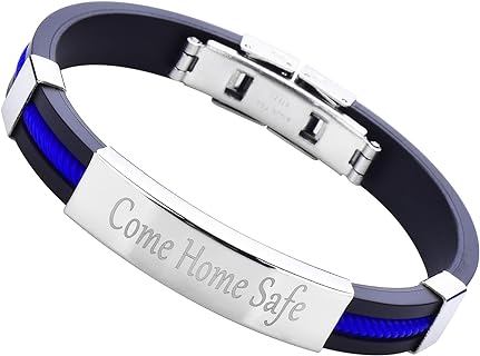 CHNLML Thin Blue Line Adjustable Silicone cuff Bracelets with Stainless Steel Engraving bracelet Law Enforcement Police Gift