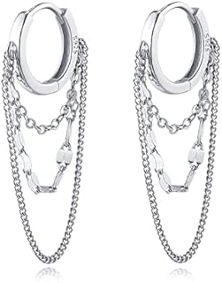 Reffeer Solid 925 Sterling Silver Chain Drop Earrings Hoop for Women Teen Girls Hoop Earrings Tassel Chain Huggie Dangle Earrings