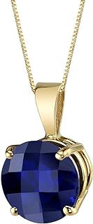 Peora 14K Yellow Gold Pendant Necklace with Box Chain and Spring Ring Clasp, Features 2.75 Carat AAA Grade Round-Shape Created Blue Sapphire, Ideal for Women