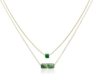 Women's Minimalist Aventurine Gemstone Pendant on Double Layered Cable Chain Necklace with Lobster Clasp in Stainless Steel, Green