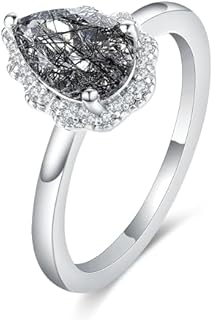 Natural Black Rutilated Quartz Engagement Ring 2CT 6x8mm Tear Drop Cut Women's Rings Rretro style Wedding Rings Platinum Plated 925 Sterling Silver Women's Promise Ring.