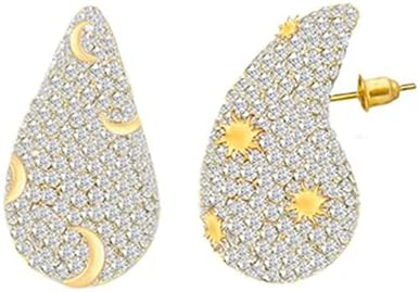 Women's Gold Plated Chunky Hoop Earrings with Crystal Gem in Asymmetrical Sun & Moon Design