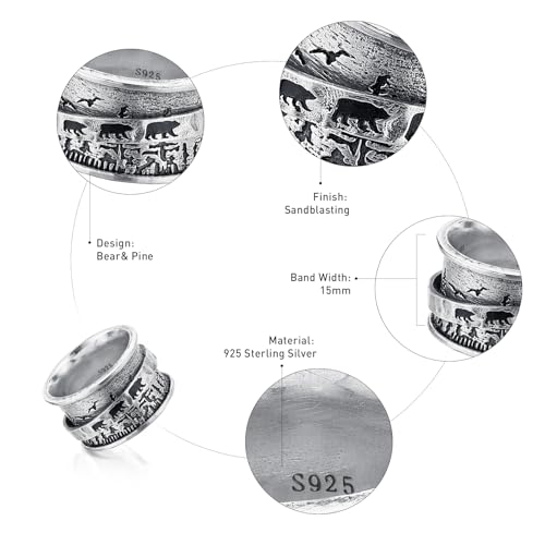 925 Sterling Silver Spinner Fidget Rings for Women Tree of Life/Celtic Tree/Deer & Pine/Bear & Pine Anxiety Relief Rings Wide Ring Bands Statement Jewelry for Women Size 6-10