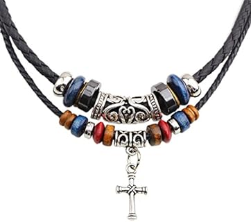 Vintage Style Double Layers Braided Leather Tribal Necklace with Charm Cross and Teeth Pendant