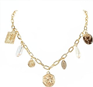 Gold Vintage Necklace for Women Pendant Choker Necklace White Pearl Necklace Head Portrait Square Pendant Necklace Boho Necklace Jewelry Gifts for Women Girls