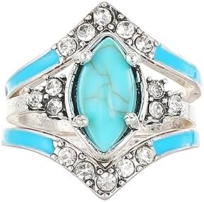 Stylish Boho Rhinestone Turquoise Women's Western Wedding Ring Set in Alloy Crystal, Stackable Versatile Design Size 6 - CSIYANJRY99
