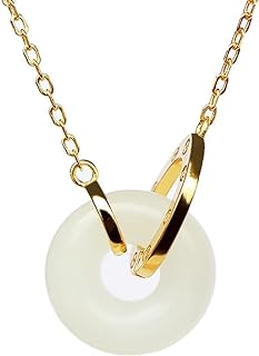 Natural Jade Donut Pendant Necklace for Women Grils, White Gemstone Gold Plated Pendant with Good Fortune, Length Adjustable, 18''
