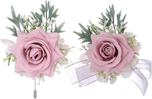 IYOU Bracelet Mariée avec Fleurs Roses et Boutonnière pour Hommes, Taille Unique, Fait Main et Élégant pour Mariages, Réceptions et Cérémonies