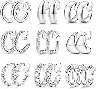 YADOCA 9 Piece Set Gold Plated Stainless Steel Clip-On Earrings for Women with Cubic Zirconia - Hoop and Waterdrop Styles