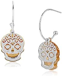 Yellow Gold and Silver Plated jewelry - Two Tone Sterling Silver with 925 stamp - Light Weight Calavera Skull - Half Hoop Earrings for Women and Girls - 3D double sheet earring