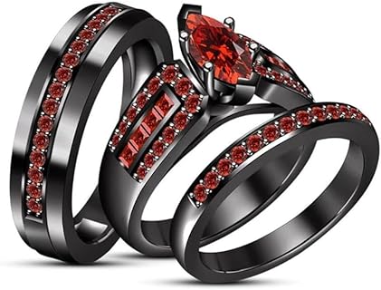 Exquisite 14K Black Gold Marquise Diamond and Round Cut Red Garnet Wedding Ring Set in Sterling Silver for Couples - Adjustable Size