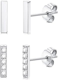 Stunning Cubic Zirconia Embellished Sterling Silver Bar Stud Earrings Set, Delicate Rectangle Design with Secure Push Back System - Ideal for Both Men and Women