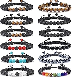 Elegant 12-Pc Set Lava Stone Essential Oil Diffuser Bracelets with Braided & Bead Chain - Unisex Design, Adjustable Length, Use with Any Oil. Perfect Gift with Lobster Claw Clasp Closure