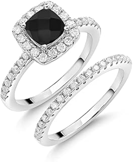 Gem Stone King 925 Sterling Silver Black Onyx and White Moissanite Wedding Engagement Ring Band Bridal Set For Women (1.44 Cttw, Gemstone Birthstone, Available In Size 5, 6, 7, 8, 9)