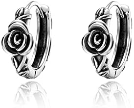 Vintage Rose Huggie Hoop Earrings for Women Teen Girls Sterling Silver 3D Rose Flower Hoops Earrings Studs Retro Antique Silver Floral Ear Jewelry Gift Hypoallergenic