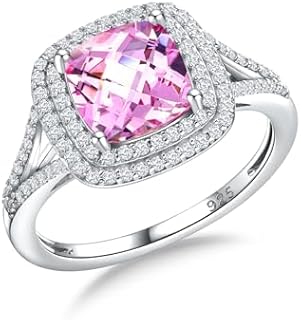 Cushion Cut Engagement Ring 925 Sterling Silver Created Gemstone Birthstone Ring Double Halo Solitaire Wedding Rings for Women Size 6 to 10
