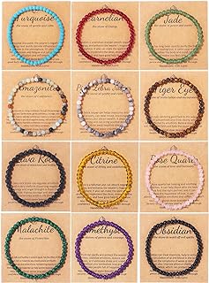 12PCS Natural Stone Bracelets for Women Men 4mm Healing Crystal Bracelets Semi-Precious Gemstone Beaded Bracelets Round Beads Stretch Bracelet Jewelry Gifts