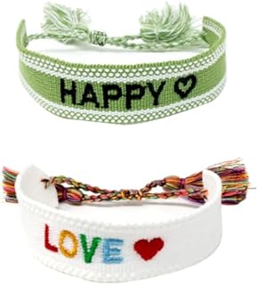 yueton 2PCS Hand Woven Hand Rope Embroidered Letter Bracelet Bohemian Tassel Bracelet Friendship Wristband Handwoven Cotton Bracelet for Women Girls Men Couple
