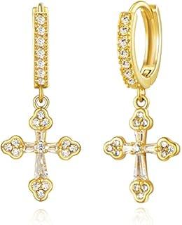 KissYan 14K Gold Huggie Earrings for Women, S925 Sterling Silver Small Post Pave CZ Cross Huggies Hoop Dangle Drop Earring, Hypoallergenic Cuff Earing Dainty Cubic Zirconia Handmade Jewelry