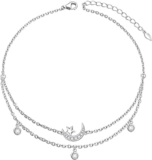 Star Moon Layered Anklet 925 Sterling Silver Sunflower Airplane Mermaid Tail Anklets for Women Girls Adjustable Beads Crescent Ankle Bracelet Boho Beach Foot Chain Charm Jewelry