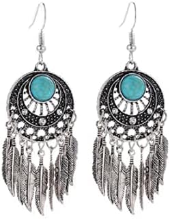 Feather Earrings for Women, Boho Turquoise Feather Tassel Earrings for Girls, Crescent Moon Dangle Earrings Hypoallergenic, Leaf Bohemian Drop Earrings, Indian Earrings Studs, Turquoise Feather Jewelry Gifts Funny Earrings