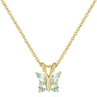 Trendy 14K Gold Butterfly Pendant Necklace with Light Blue Cubic Zirconia - Box Clasp & Cable Chain for Women