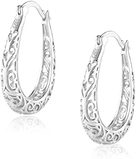 925 Sterling Silver Post Filigree Hoop Earrings for Women Hollow Oval Hoop Earrings Hypoallergenic U Shaped Hoops Earring for Jewelry Gifts