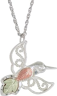 Black Hills Gold Sterling Silver Granulated Bead Hummingbird Pendant Necklace for Women Adorned with 12k Green and Rose Gold Leaf Accents, Ideal Present for Various Occasions, Gift Box Included