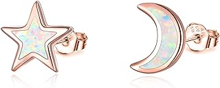 Cuoka 925 Sterling Silver Moon and Star Earrings, Opal Sun Earrings Hypoallergenic Moon Star Sun Opal Studs Earrings,Delicate Opal Jewelry Birthday Graduation Gift For Women Girls