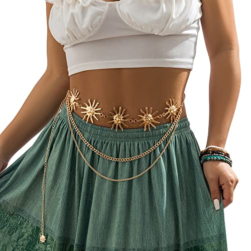 Boho Metal Sun Flower Pendant Waist Chain Belt Summer Beach Sun Body Chain Waistband Sexy Trendy Multilayer Link Belly Chain Belt Bikini Waist Jewelry for Women
