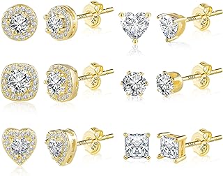 ALEXCRAFT Sterling Silver Stud Earrings for Women Girls Cubic Zirconia Halo Round Heart Square Diamond Large Silver Stud Set