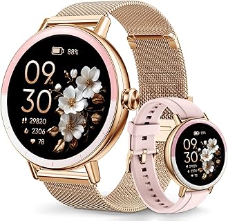FOZULANY レディーススマートウォッチ、丸型TFT-LCDディスプレイでBluetooth通話とIP68防水機能搭載、100種運動モードでおしゃれにフィット