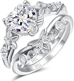 Moon Engagement Ring with Cubic Zirconia for Women in Heart Design, 14K White Gold Plated Sterling Silver Promise Bands, Fit Size 5-9