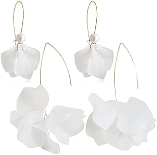 Boho Rose Petal Dangle Resin Earrings - Long Drop Acrylic Tiered Flower Earrings - Statement Exaggerated Floral Tassel Earrings for Women and Girls (White)