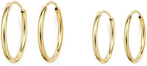 14k Gold Thin Continuous Endless Hoop Earrings, Two Pair Set Popular Small Sizes 10mm and 12mm Hoops