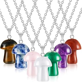 Sureio 7 Pcs Mushroom Crystal Necklace Mushroom Pendant Necklace Natural Stone Crystal Necklace Decorative Gemstone Mushroom for Graduation Women Girls Jewelry Gifts, 7 Colors