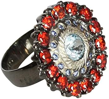 Blue Topaz and Carnelian Engagement Ring in 925 Sterling Silver with Black Rhodium Plating for Women in a Classic Cocktail Design
