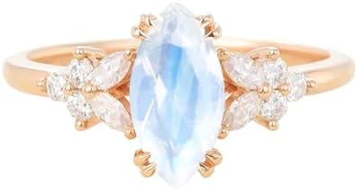 10K/14K/18K Solid Gold or 925 Sterling Silver Natural Moonstone Engagement Ring, Genuine Moonstone Gemstone Ring with Moissanite for Women, Promise Ring, Birthday/Mother's Day Gift