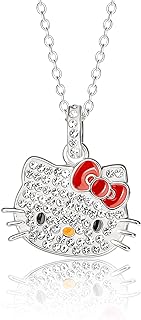 Hello Kitty Sanrio Necklace for Women 18" Official License, Silver Flash-Plated and Crystal Pendant Necklace