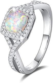 FANCIME October Birthstone Created Opal Rings Sterling Silver 4-Prong Halo White Fire Opal Cubic Zirconia Infinity Engagement Wedding Ring Fine Jewelry for Women Size 5,6,7,8,9