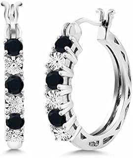 Gem Stone King 925 Sterling Silver Round Black Onyx and White Lab Grown Diamond Hoop Earrings For Women (0.61 Cttw, Gemstone Birthstone, Round 3MM)