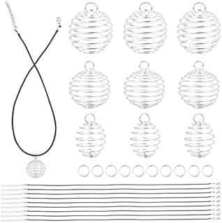 Silver Iron Crystal Gem Necklace Kit by PH PandaHall: Iron Bead Cage in 3 Sizes with Waxed Cotton Cord and Jump Rings - Ideal for Making Charms and Aromatherapy Jewelry